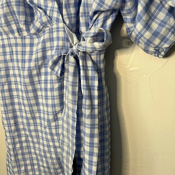 Lulus Coquette Blue and White Plaid Puff Sleeve Wrap Mini Dress XL - Picture 4 of 10